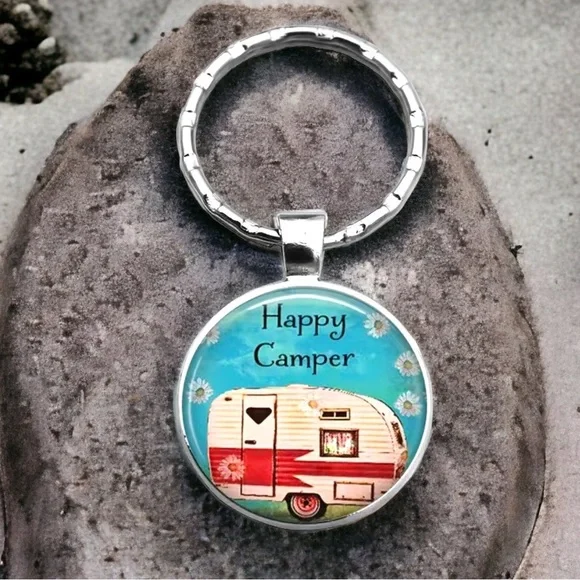 Happy Camper Keyring Fob Round Pendant Keepsake Gift Charm and Black Gift Pouch - Picture 4 of 16